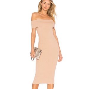 Majorelle Nude Ribbed Midi Off The Shoulder Dress